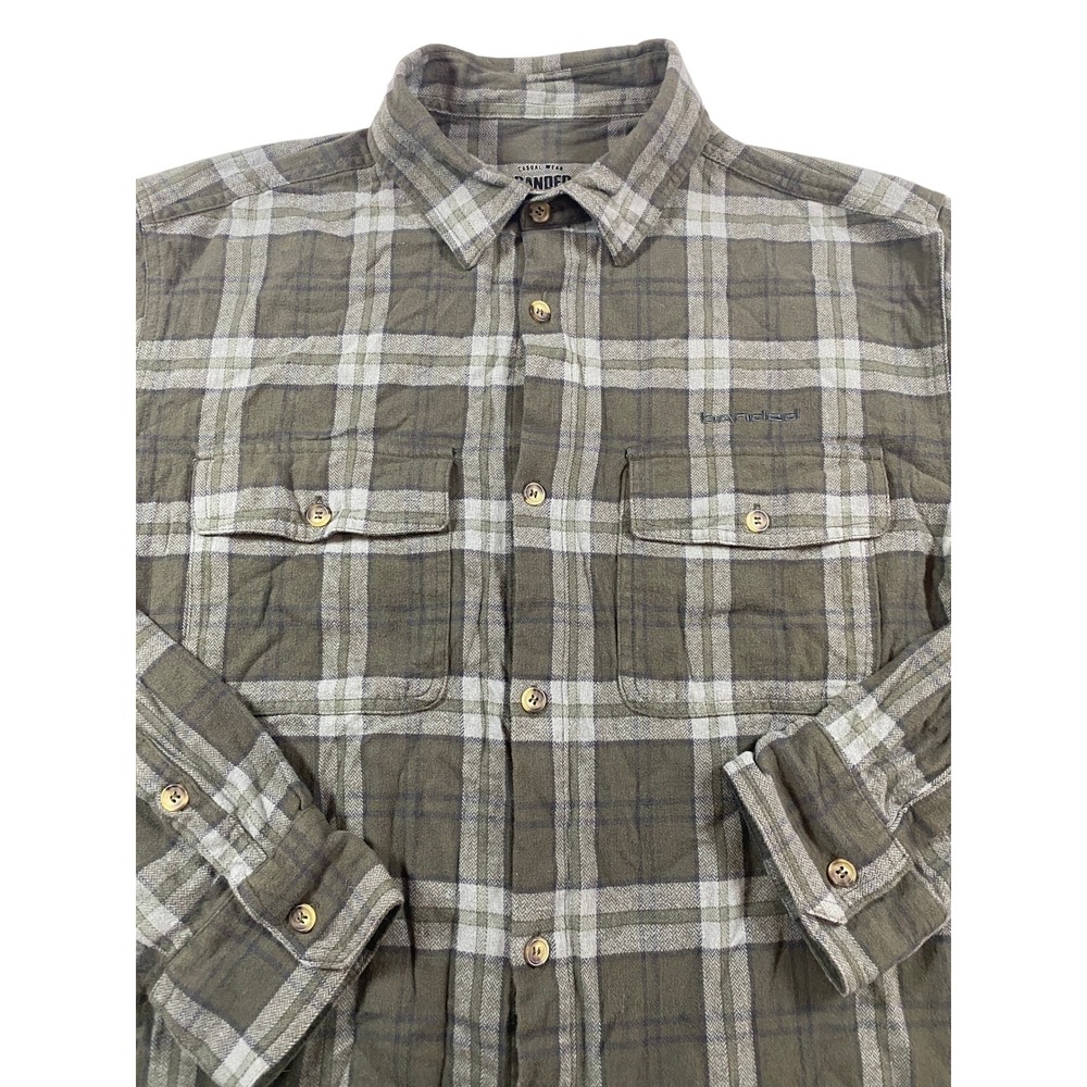 Banded Mens XL Plaid Flannel Button Down Shirt Olive Green Grey Long Sleeve